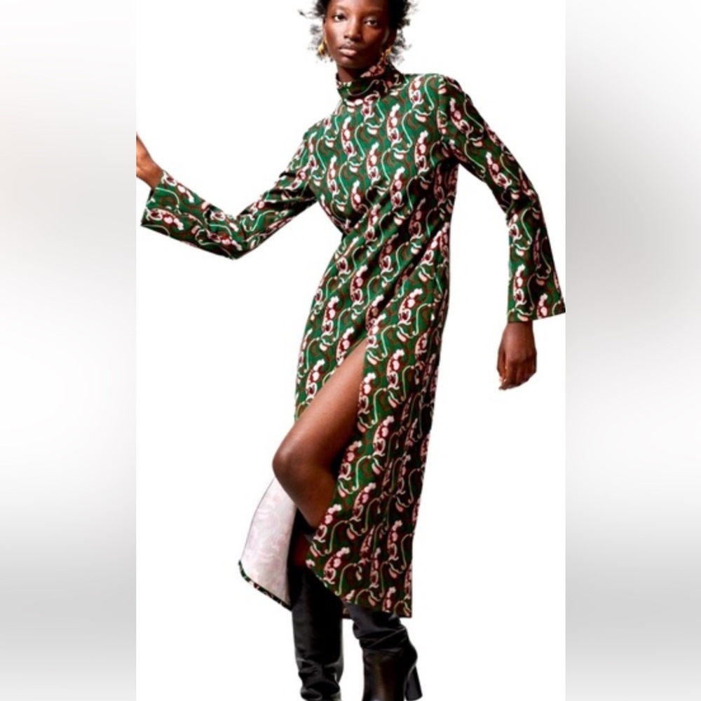 Zara NWT Green and Multicolor Paisley Print High Neck Midi Dress